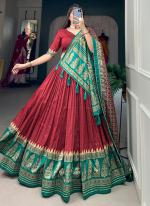 Tussar Silk Red Festival Wear Foil Printed Lehenga Choli